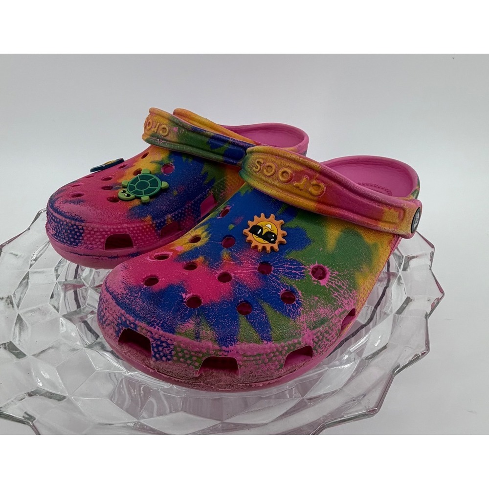 Crocs Tie Dye Pink Yellow Blue Green Turtle Sun Jibbitz Clogs Toddler Size 4 6